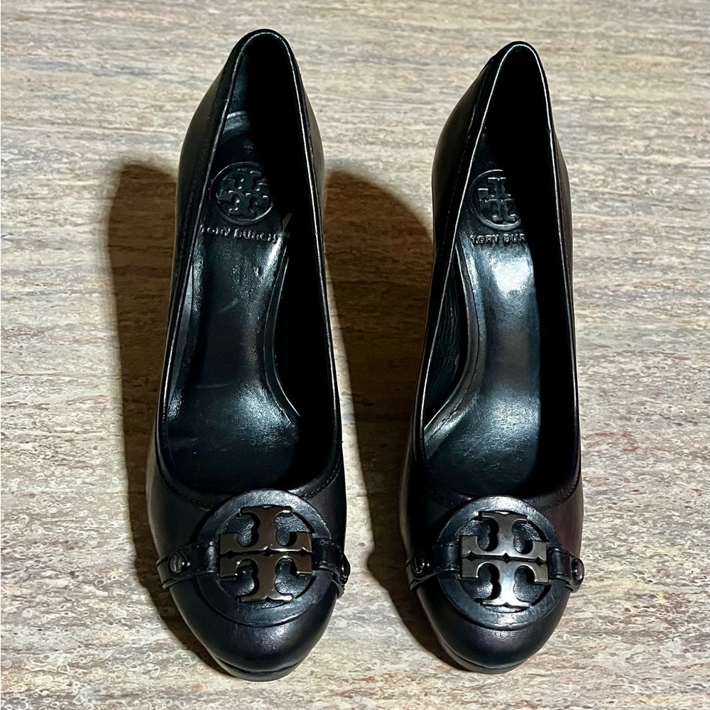 Tory Burch Austin Dark Brown Calista Logo Cone Heels with Signature Medallion